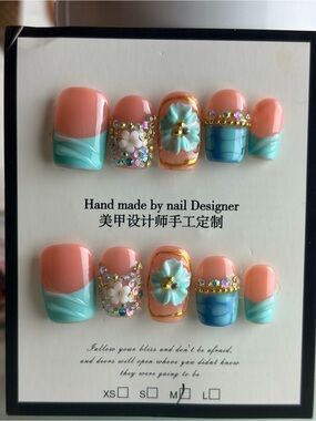 Handmade Pink and Teal Floral Accent Press-On Nails Med